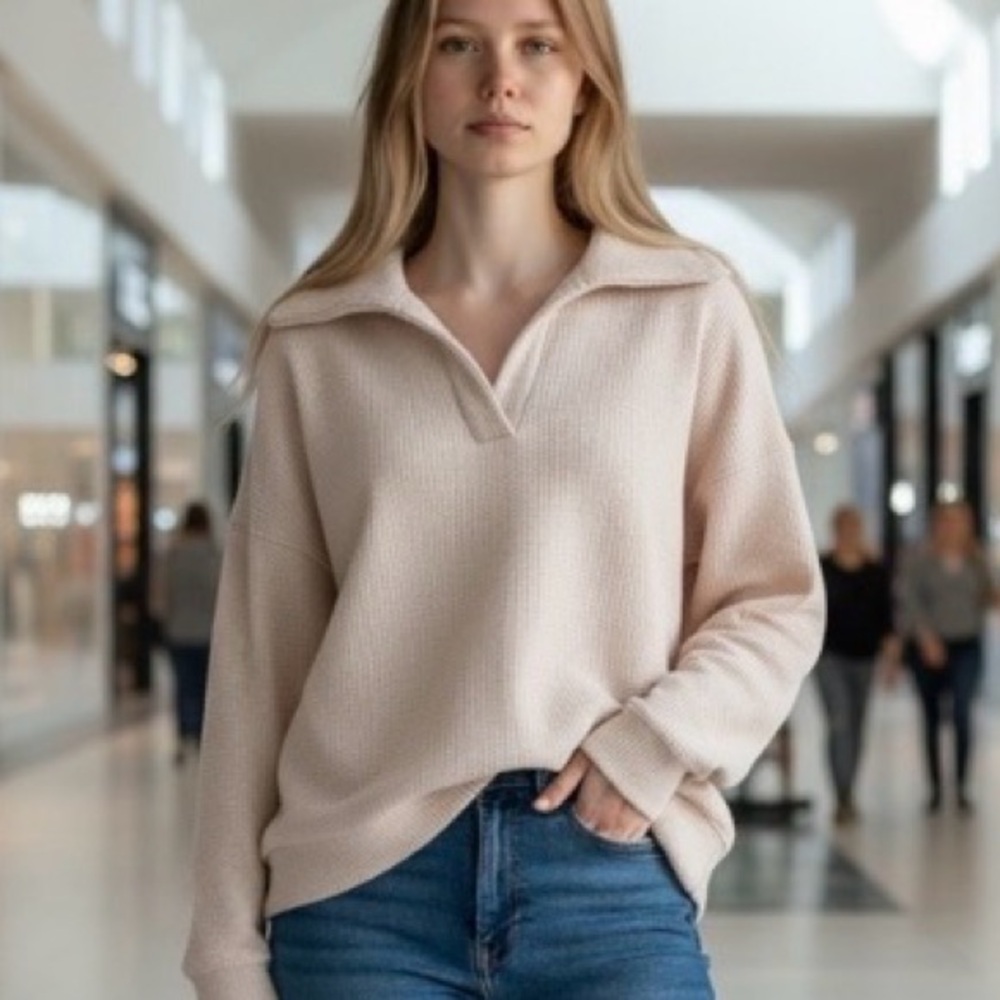 Aerie Oversized Collared V-Neck Sweatshirt Raw Hem Cream Size Small